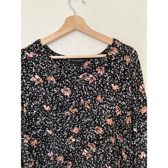 Rowley Cynthia Floral Black Blouse Top Size Large Sleeve Linen Womens Women's 3/ - Picture 2 of 5